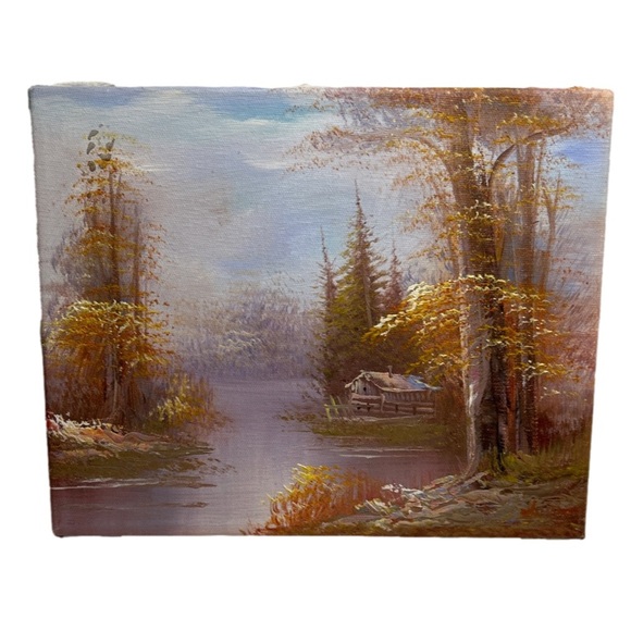 Vintage Signed Oil Painting Cabin In The Woods Measuring 10”x 8” - Picture 2 of 16